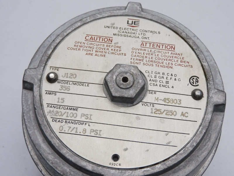 UNITED ELECTRIC J120-356 125/250VAC 15A 20/100PSI UNMP