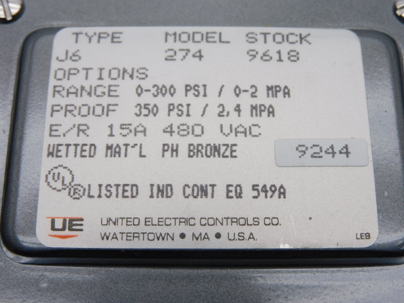 UNITED ELECTRIC J6-274 480VAC 15A 0-300PSI NSNP