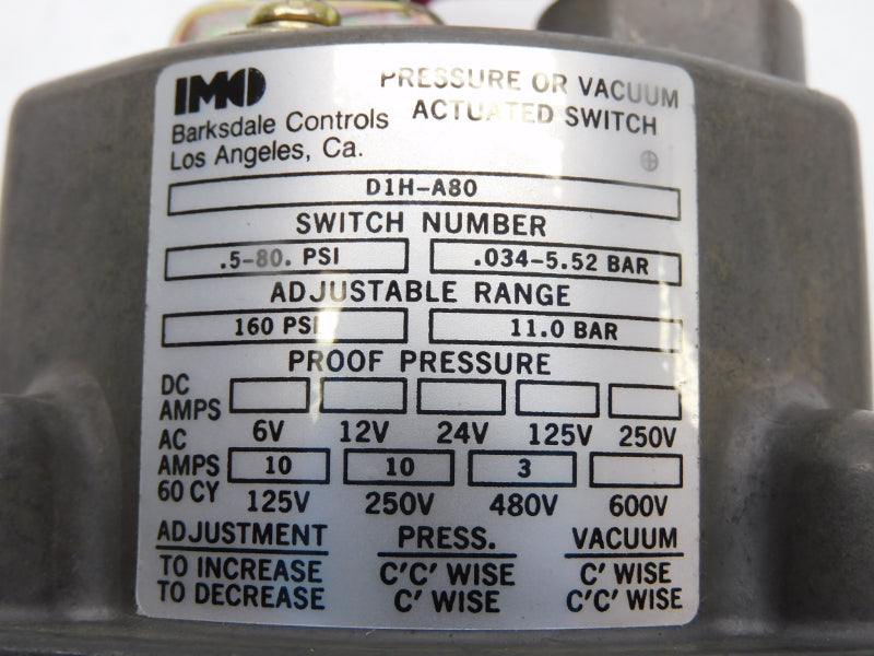 BARKSDALE CONTROLS D1H-A80 480V 10A .5-80PSI NSNP