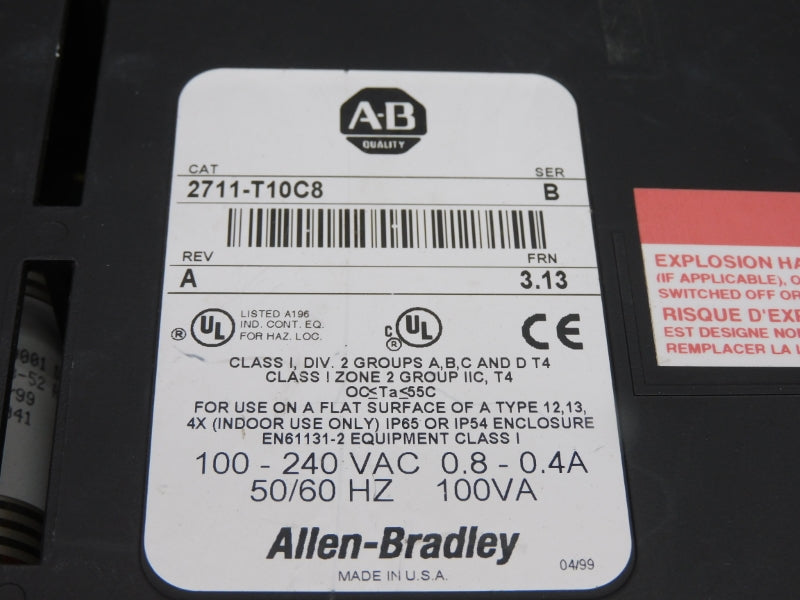 ALLEN BRADLEY 2711-T10C8 SER. B F/W 3.13 100-240VAC 0.8-0.4A UNMP