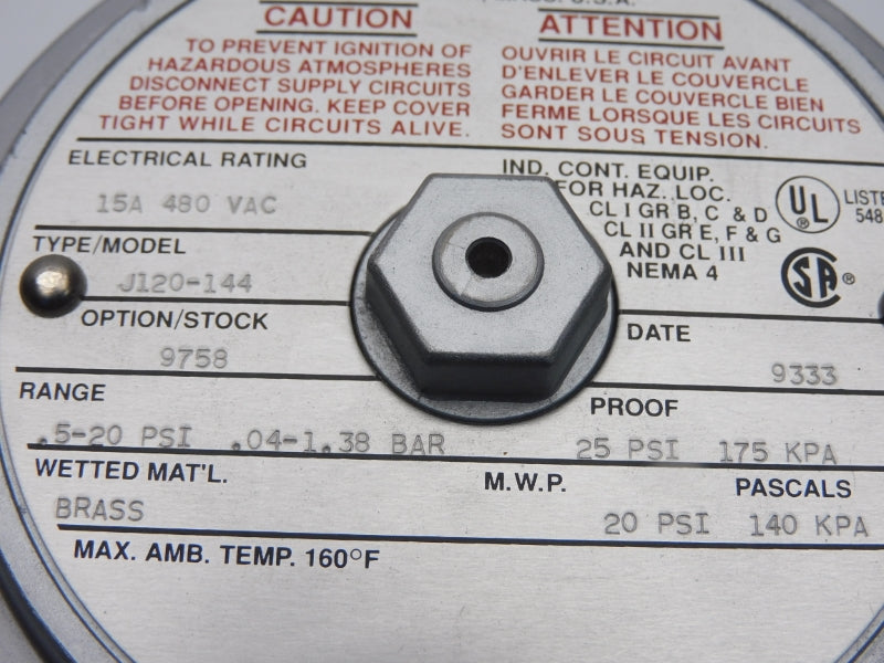 UNITED ELECTRIC J120-144 480VAC 15A .5-20PSI UNMP