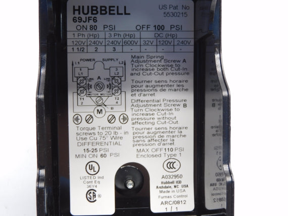 HUBBELL 69JF6 240V 80-100PSI NSNP