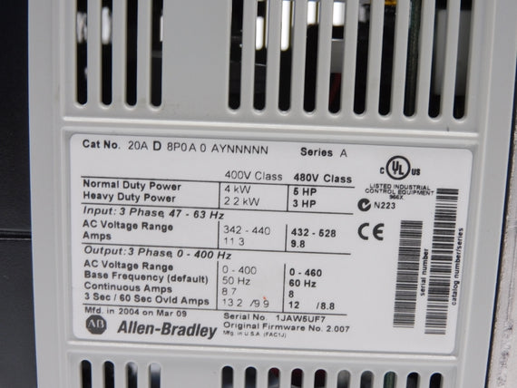 ALLEN BRADLEY 20AD8P0A0AYNNNNN SER. A F/W 2.007 432-528V 11.3A(NO COVER) NSNP