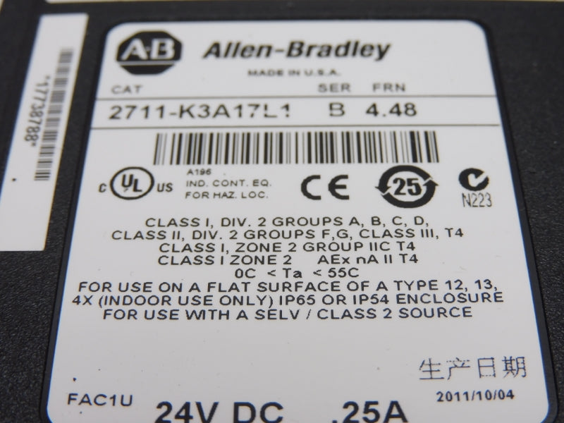 ALLEN BRADLEY 2711-K3A17L1 SER. B F/W 4.48 24VDC .25A NSNP