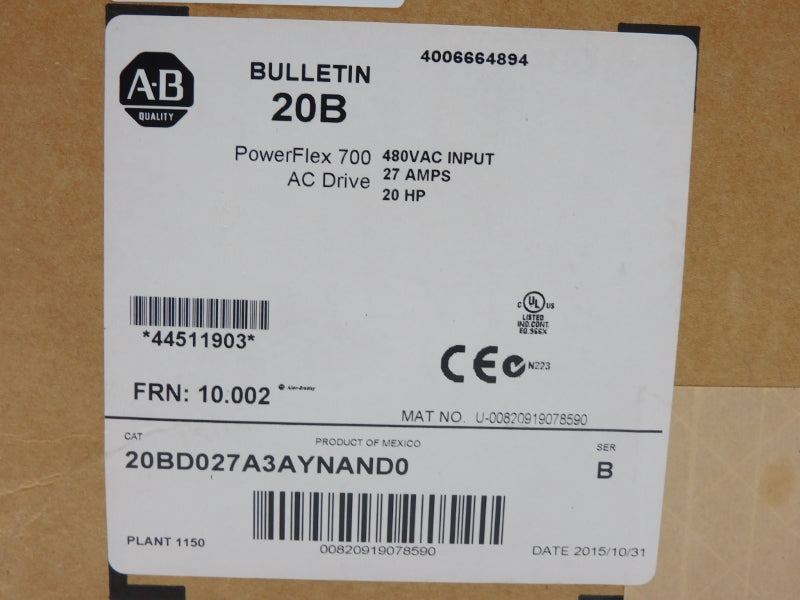 ALLEN BRADLEY 20BD027A3AYNAND0 SER. B F/W 10.002 480VAC 27A DATE: 2015 NSFS