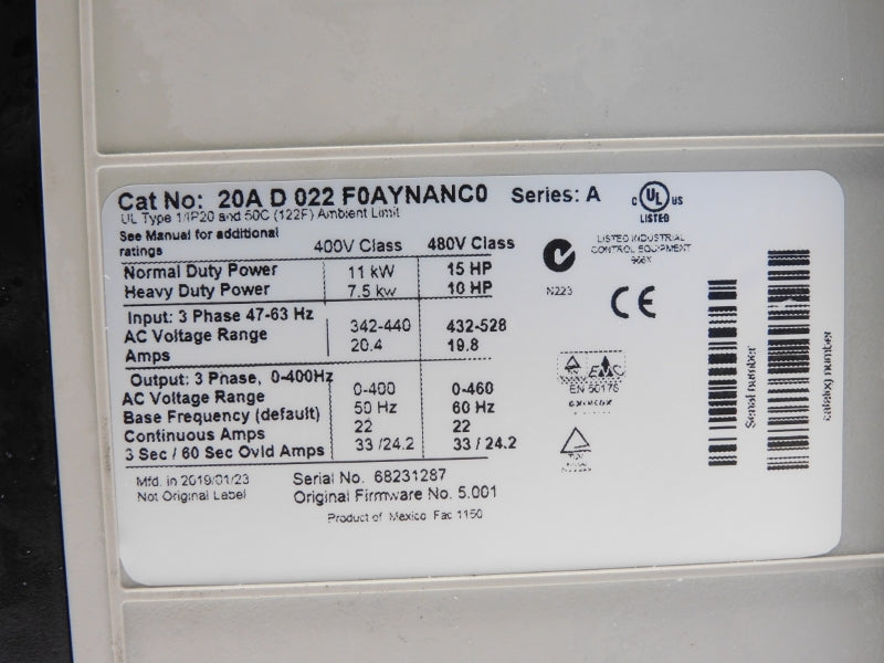 ALLEN BRADLEY 20AD022F0AYNANC0 SER. A F/W 5.001 480VAC 22A NSMP