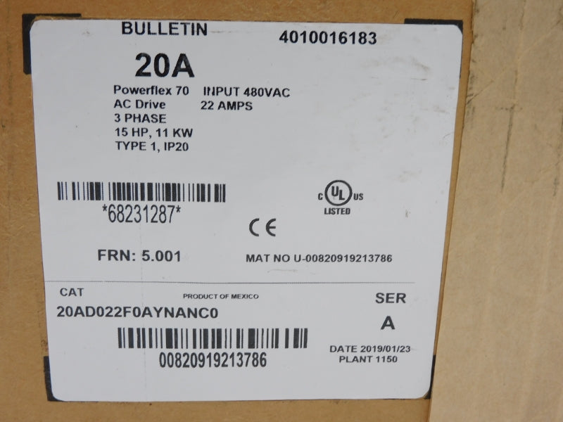 ALLEN BRADLEY 20AD022F0AYNANC0 SER. A F/W 5.001 480VAC 22A NSMP