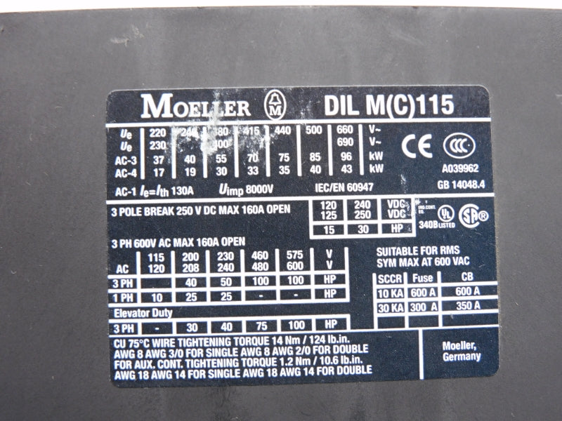 KLOCKNER MOELLER DILM115 24V 130A UNMP