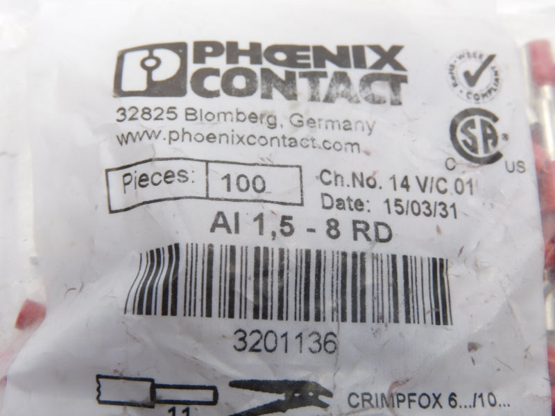 PHOENIX CONTACT AI1.5-8RD 3201136 (PKG OF 100) NSMP