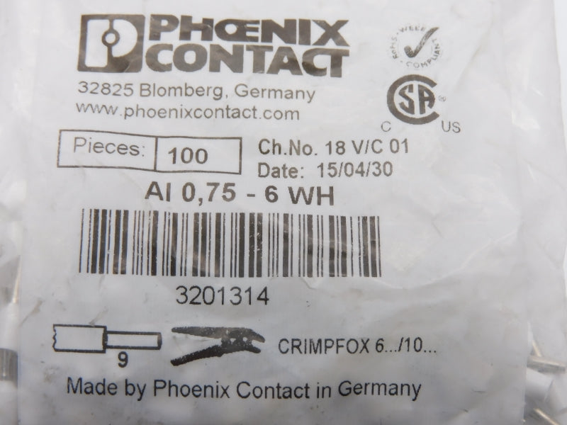 PHOENIX CONTACT AI0.75-6WH 3201314 (PKG OF 100) NSMP