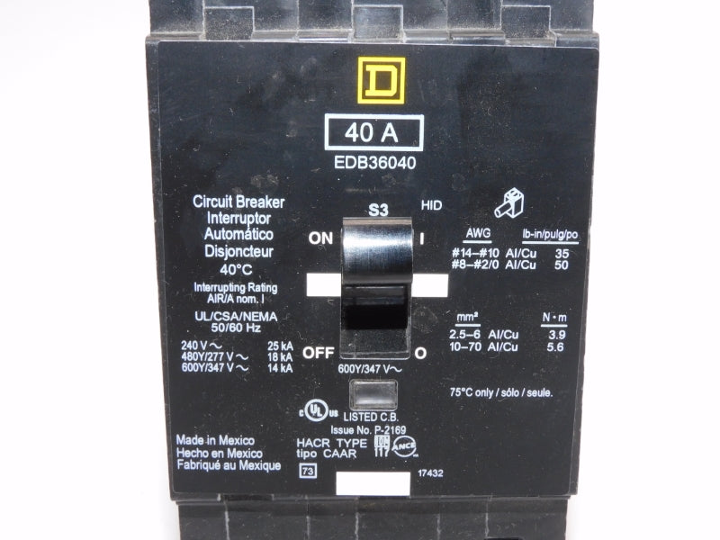 SQUARE D EDB36040 347V 40A NSNP
