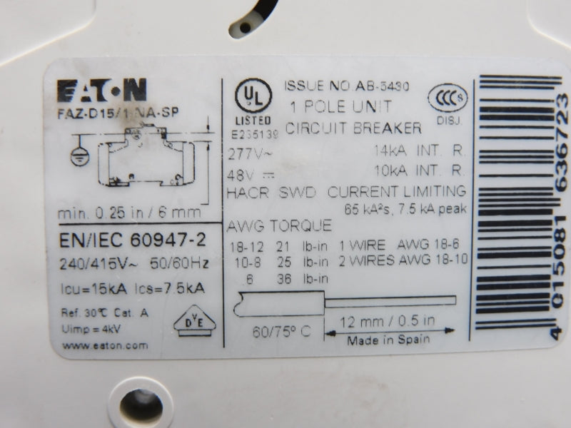 EATON FAZ-D15/1-NA-SP 277V 15A NSNP