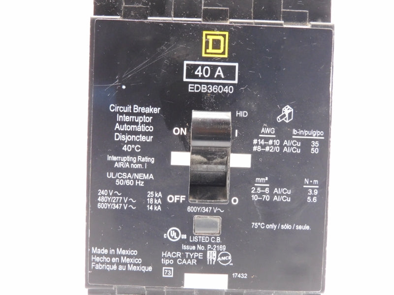 SQUARE D EDB36040 347V 40A UNMP