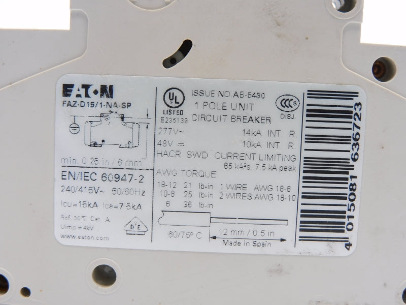 EATON FAZ-D15/1-NA-SP 277V 15A UNMP