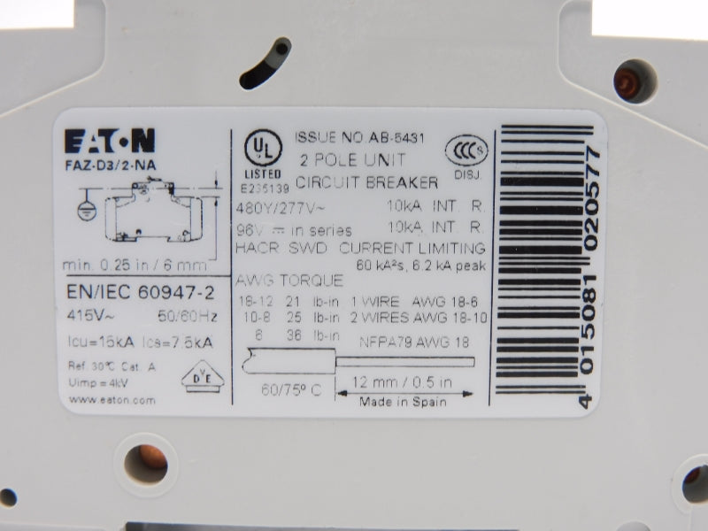 EATON FAZ-D3/2-NA 102181 277VAC 3A NSMP