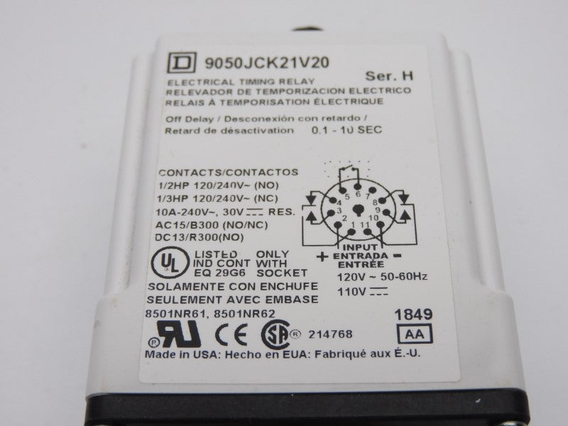 SQUARE D 9050JCK21V20 SER. H 110/120V 10A 0.1-10S NSMP