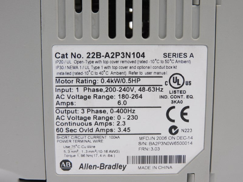 ALLEN BRADLEY 22B-A2P3N104 SER. A F/W 3.03 180-264VAC 6.0A NSNP