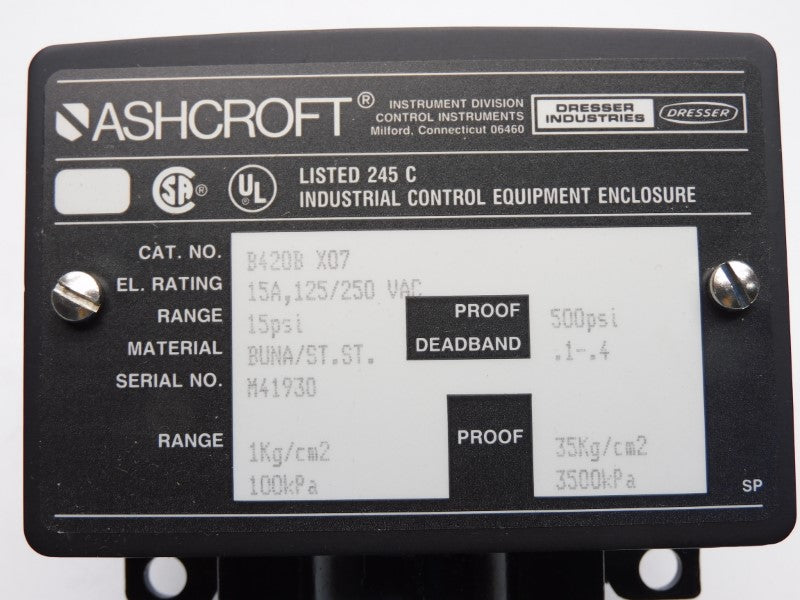 ASHCROFT B420BX07 125/250VAC 15A 15PSI NSMP