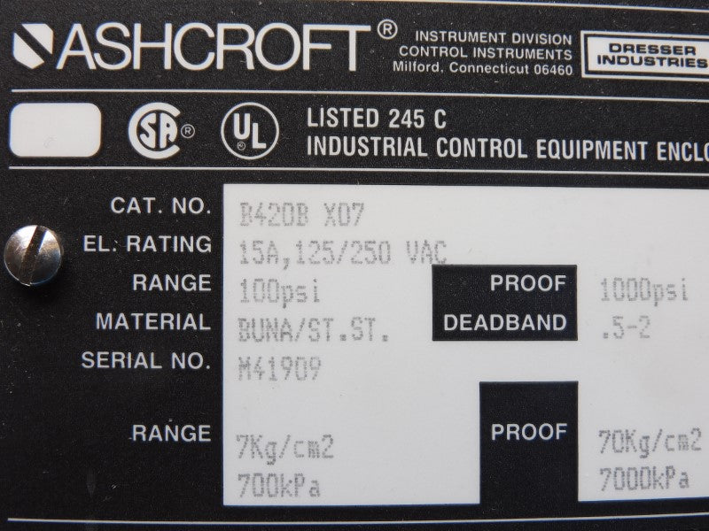ASHCROFT B420BX07 125/250VAC 15A 100PSI NSMP
