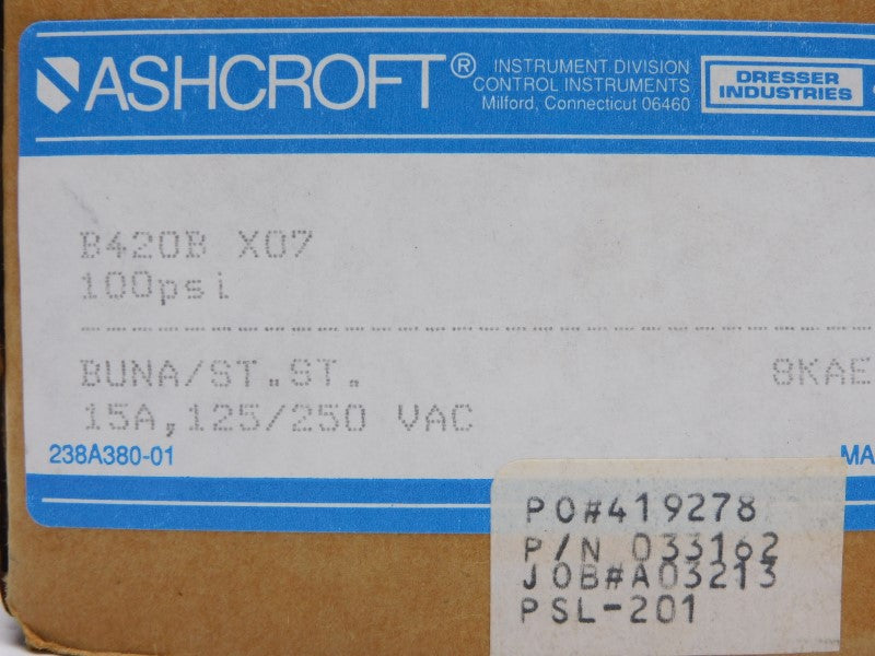 ASHCROFT B420BX07 125/250VAC 15A 100PSI NSMP