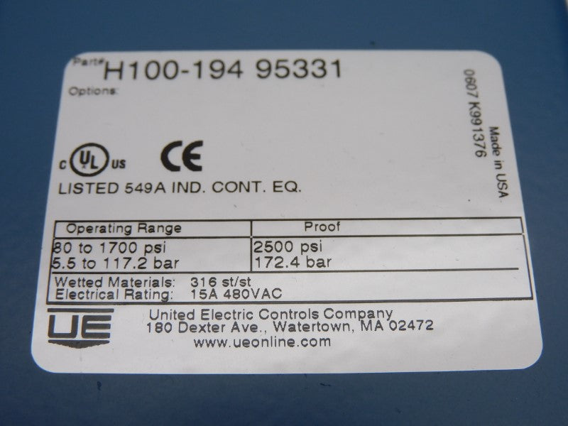 UNITED ELECTRIC H100-194 95331 480VAC 15A 80-1700PSI NSNP