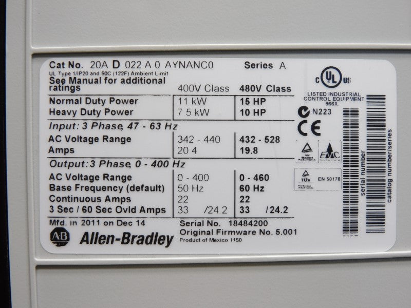 ALLEN BRADLEY 20AD022A0AYNANC0 SER. A F/W 5.001 432-528V 19.8A NSNP