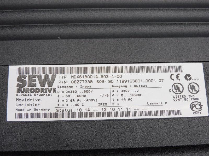 SEW EURODRIVE MDX61B0014-5A3-4-00 08277338 380-500V 4A 0-180HZ NSNP