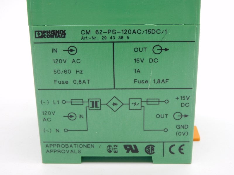 PHOENIX CONTACT CM62-PS-120AC/15DC/1 2943385 120VAC 1A NSMP