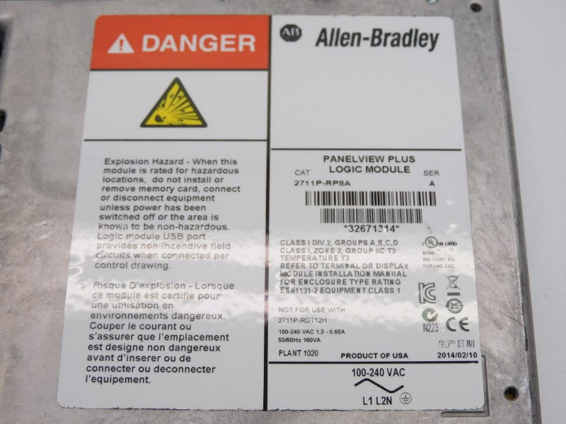 ALLEN BRADLEY 2711P-RP8A SER. A 100-240VAC 1.3-0.65A NSNP