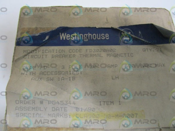 WESTINGHOUSE CIRCUIT BREAKER FD3020A02 NSMP
