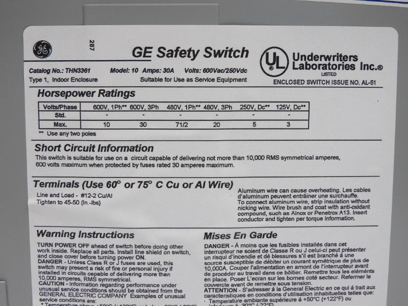 GENERAL ELECTRIC THN3361 600VAC 30A NSNP