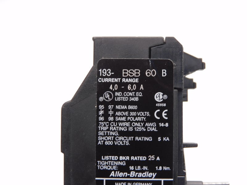 ALLEN BRADLEY 193-BSB60 SER. B 600V 4.0-6.0A (BK/YL) NSMP