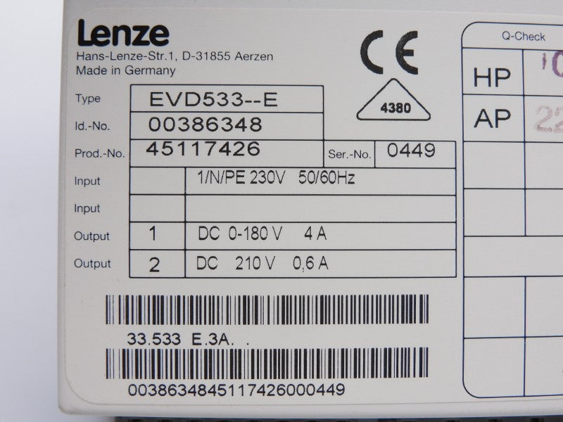 LENZE EVD533-E 00386348 230VDC 4A NSNP