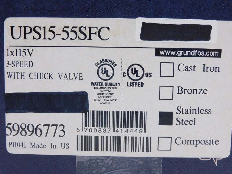 GRUNDFOS 59896773 UPS15-55SFC 115V 0.75A NSMP