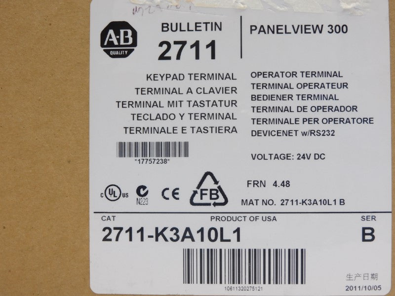 ALLEN BRADLEY 2711-K3A10L1 SER. B F/W 4.48 24VDC DATE: 2011 NSFS