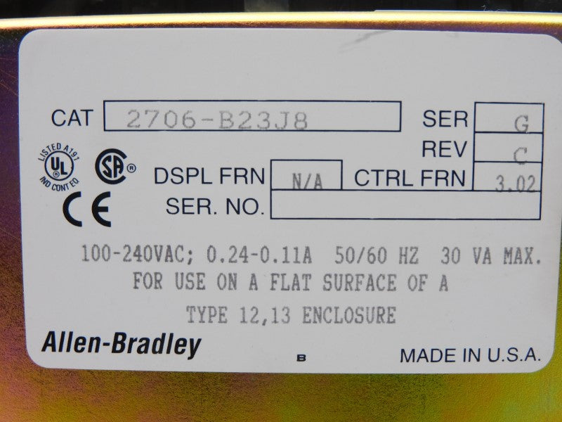 ALLEN BRADLEY 2706-B23J8 SER. G F/W 3.02 110/120VAC 0.24-0.11A NSMP
