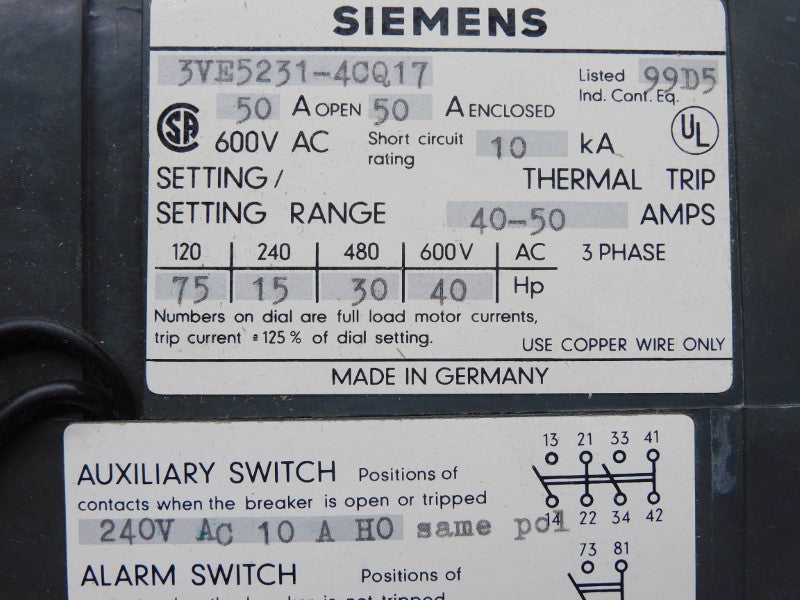 SIEMENS 3VE5231-4CQ17 600VAC 40-50A NSMP