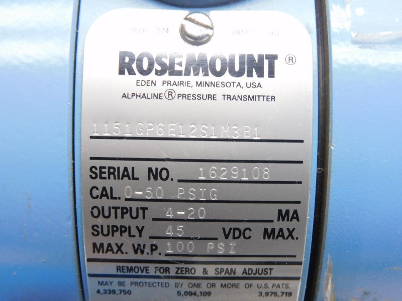 ROSEMOUNT 1151GP6E12S1M3B1 45VDC 0-50PSI UNMP