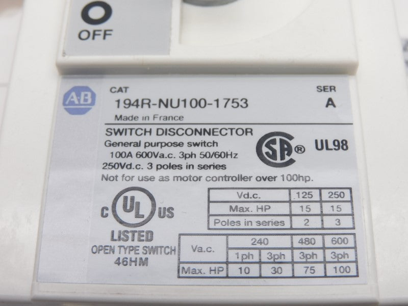 ALLEN BRADLEY 194R-NU100-1753 SER. A 600VAC 100A (BR/WH) NSMP