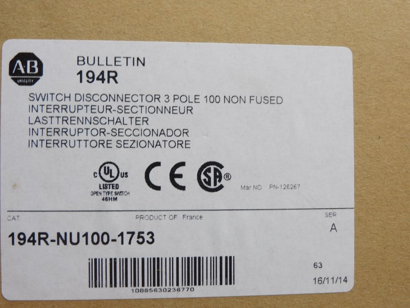 ALLEN BRADLEY 194R-NU100-1753 SER. A 600VAC 100A (BR/WH) NSMP