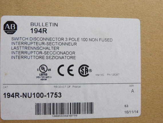 ALLEN BRADLEY 194R-NU100-1753 SER. A 600VAC 100A (BR/WH) NSMP