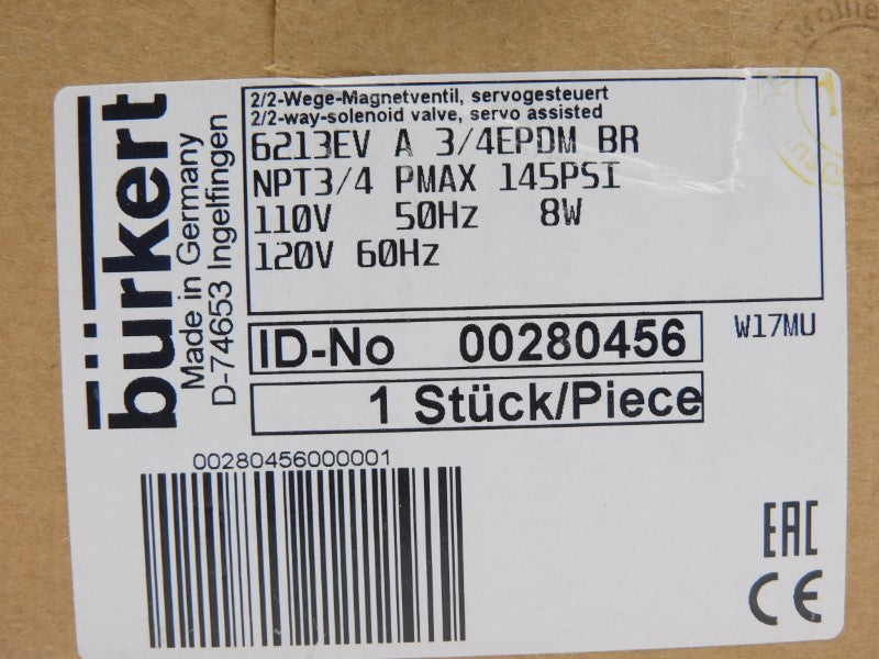BURKERT 6213EVA-3/4-EPDMBR 00280456 110/120V 145PSI NSMP
