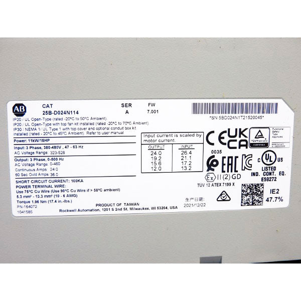 ALLEN BRADLEY 25B-D024N114 SER. A F/W 7.001 323-528VAC 26.4A NSNP