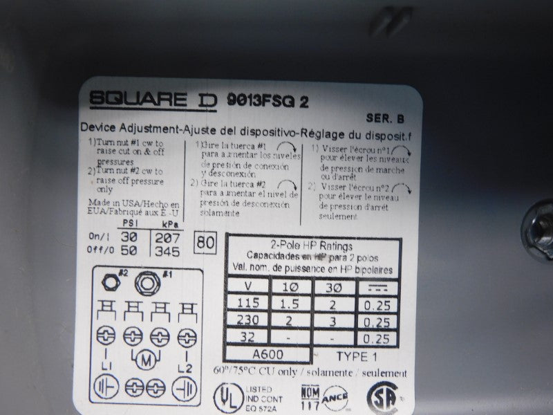 SQUARE D 9013FSG2 SER. B 230V 50PSI NSNP