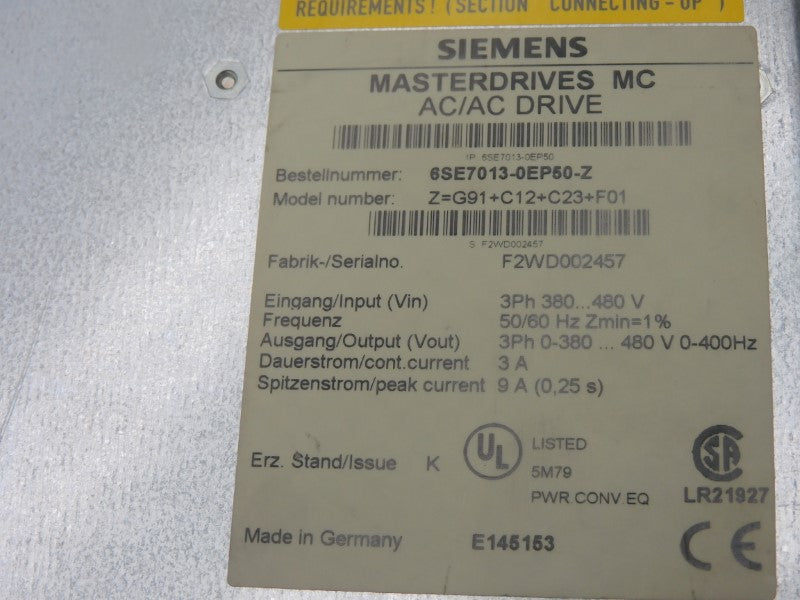 SIEMENS 6SE7013-0EP50-Z G91+C12+C23+F01 380-480V 9A UNMP