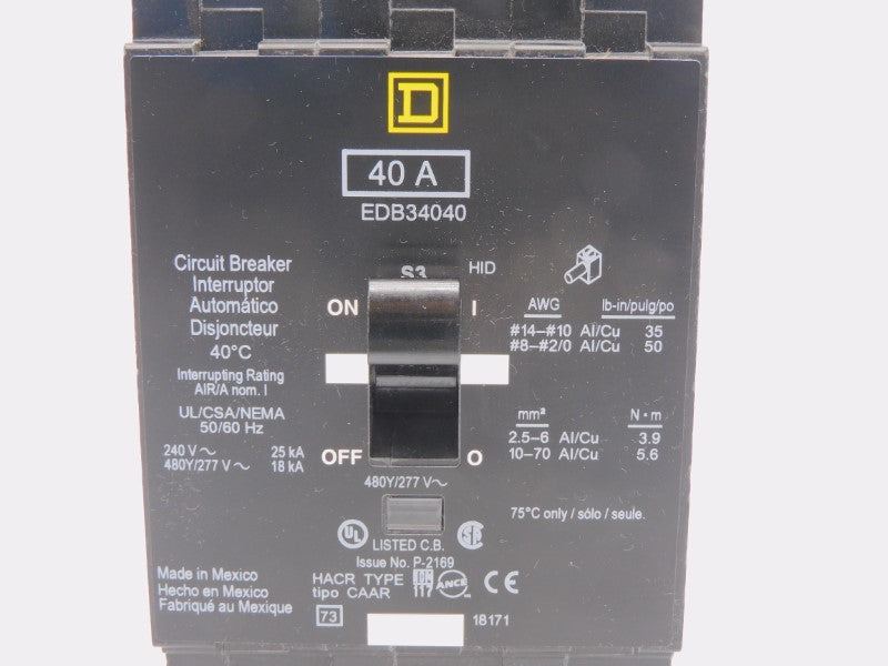 SQUARE D EDB34040 277V 40A NUPI