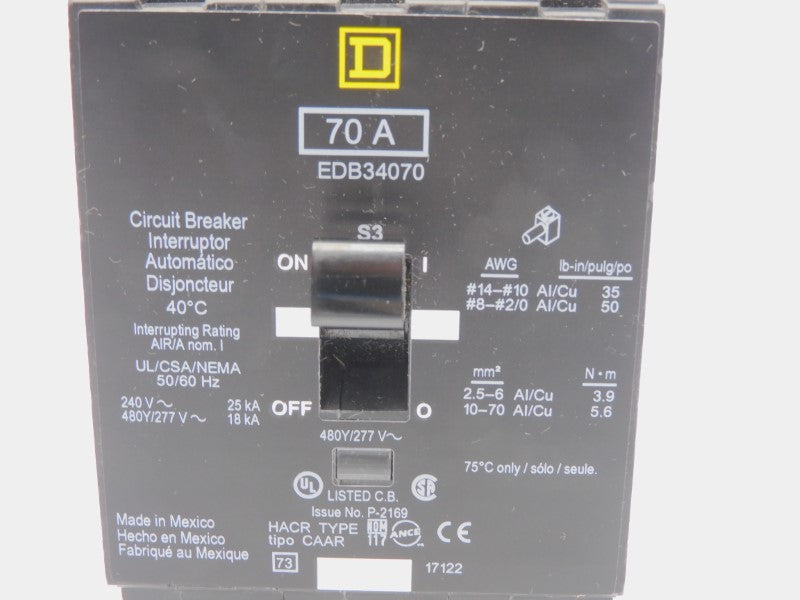 SQUARE D EDB34070 277V 70A NUPI