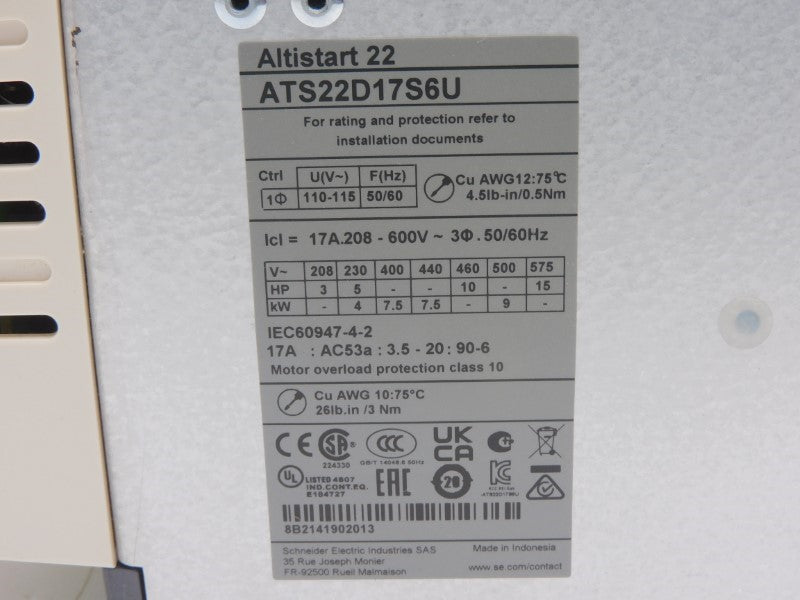 SCHNEIDER ELECTRIC ATS22D17S6U 208-600V 17A NSMP