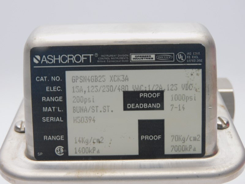 ASHCROFT GPSN4GB25-XCK3A 480VAC 15A 200PSI NSNP
