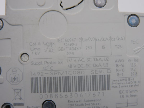 ALLEN BRADLEY 1492-SPM1C080 SER. D 277VAC 8A NSNP